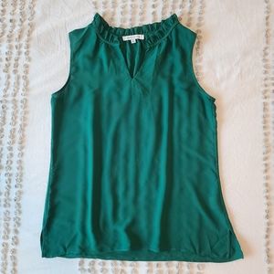 Rose and Olive Emerald Green Ruffled Collared Sleeveless Blouse